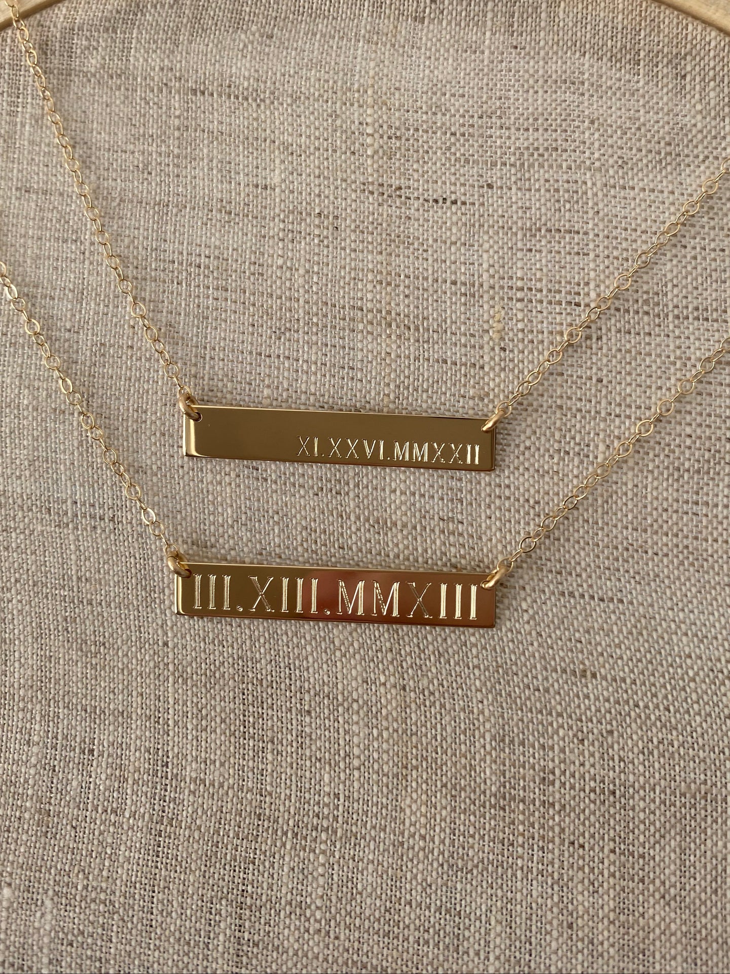 Engraved Roman Numeral Date Bar Necklace | Personalized Gold, Rose Gold & Silver Necklace